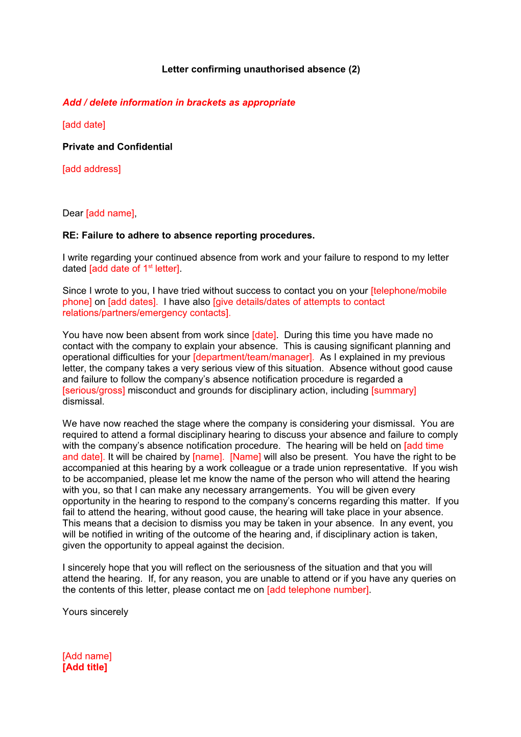 Letter Confirming Unauthorised Absence (2)