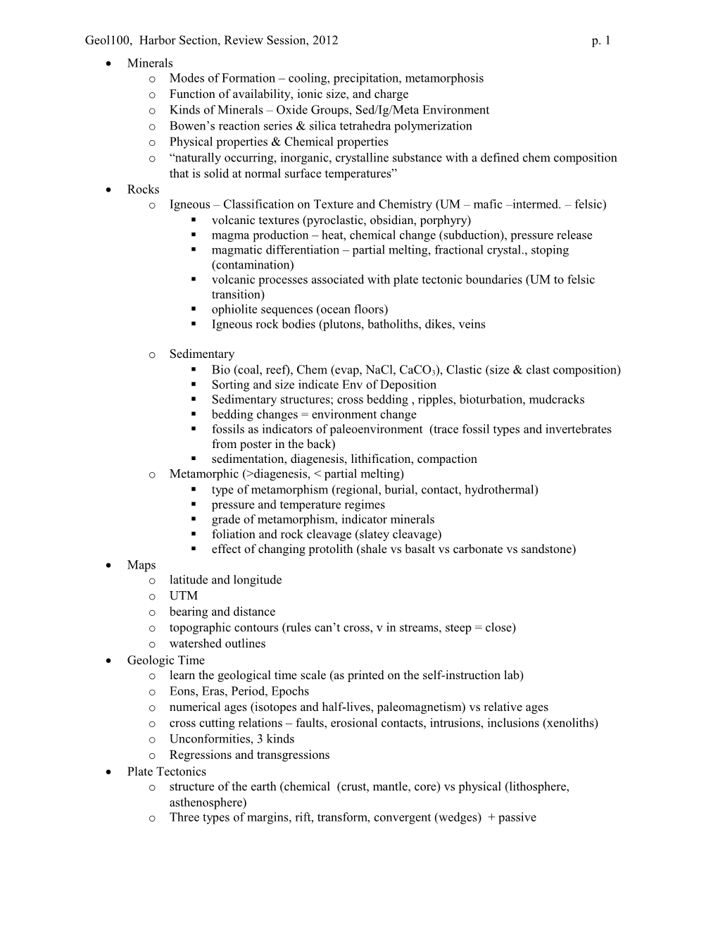 Geol100, Harbor Section, Review Session, 2012P. 1