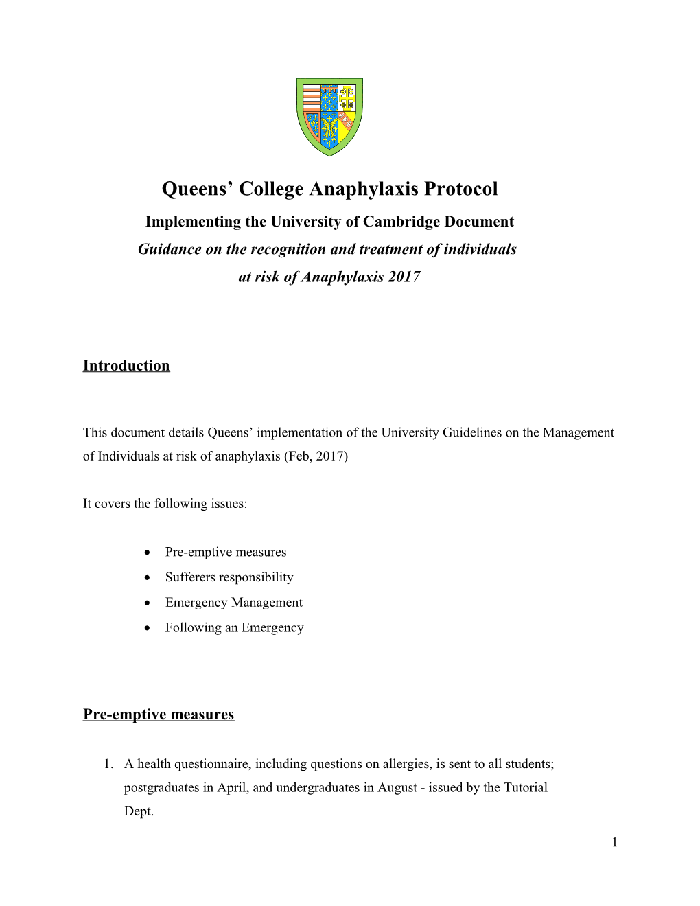 The Implementation of the University of Cambridge Guidelines on the Management of Students