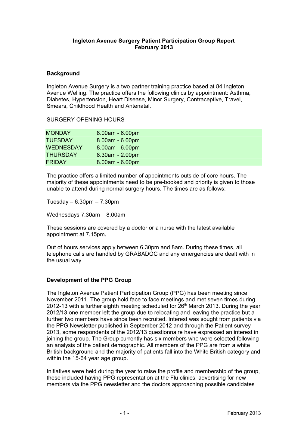 Ingleton Avenue Surgery Patient Participation Group Report