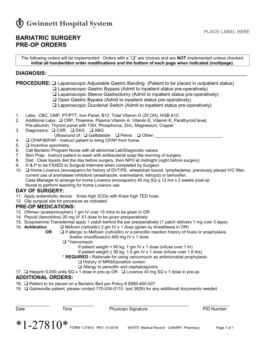 Bariatric Surgery Pre-Op Orders