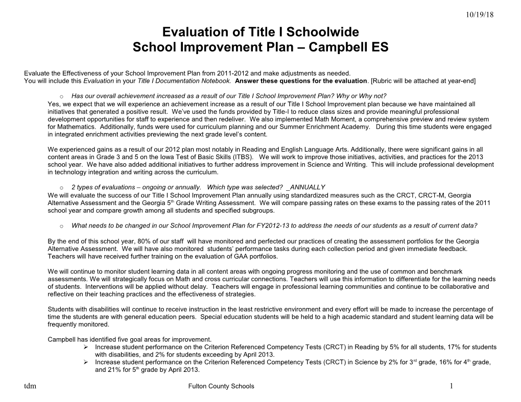 School Improvement Plan Campbelles