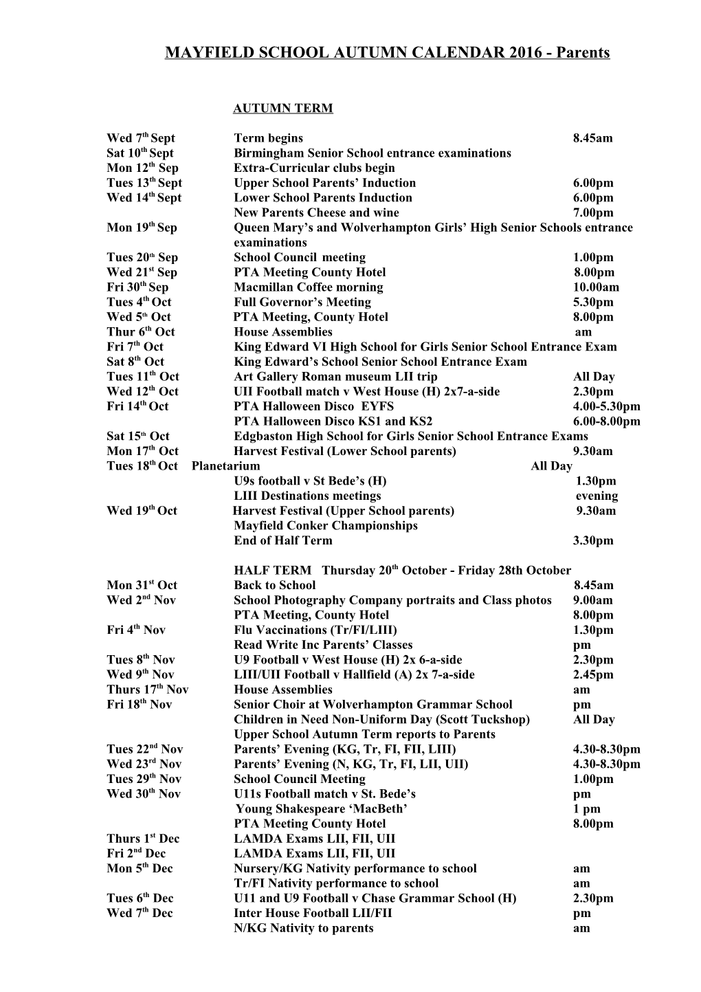 MAYFIELD SCHOOL AUTUMN CALENDAR 2016 - Parents