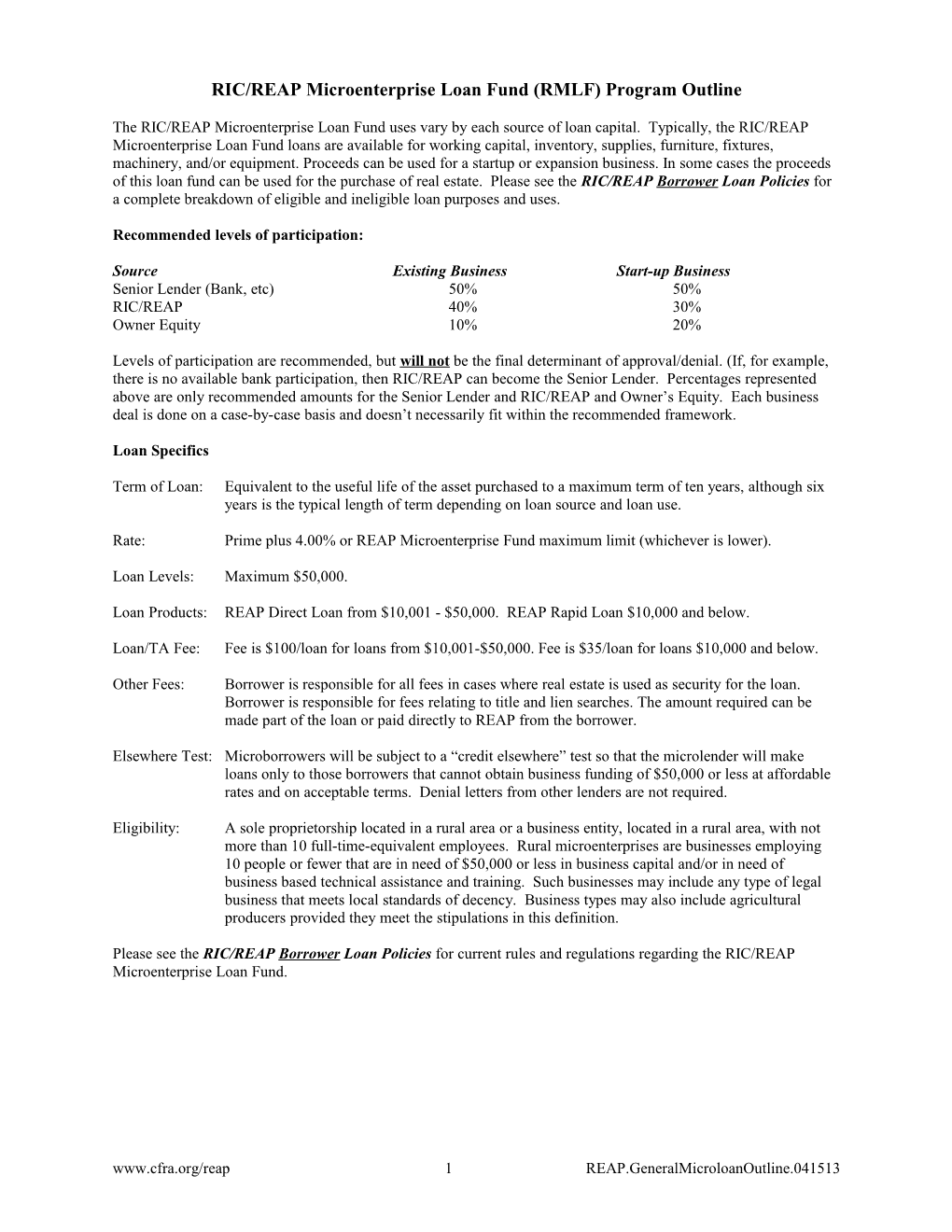 REAP Individual Revolving Loan Fund Program