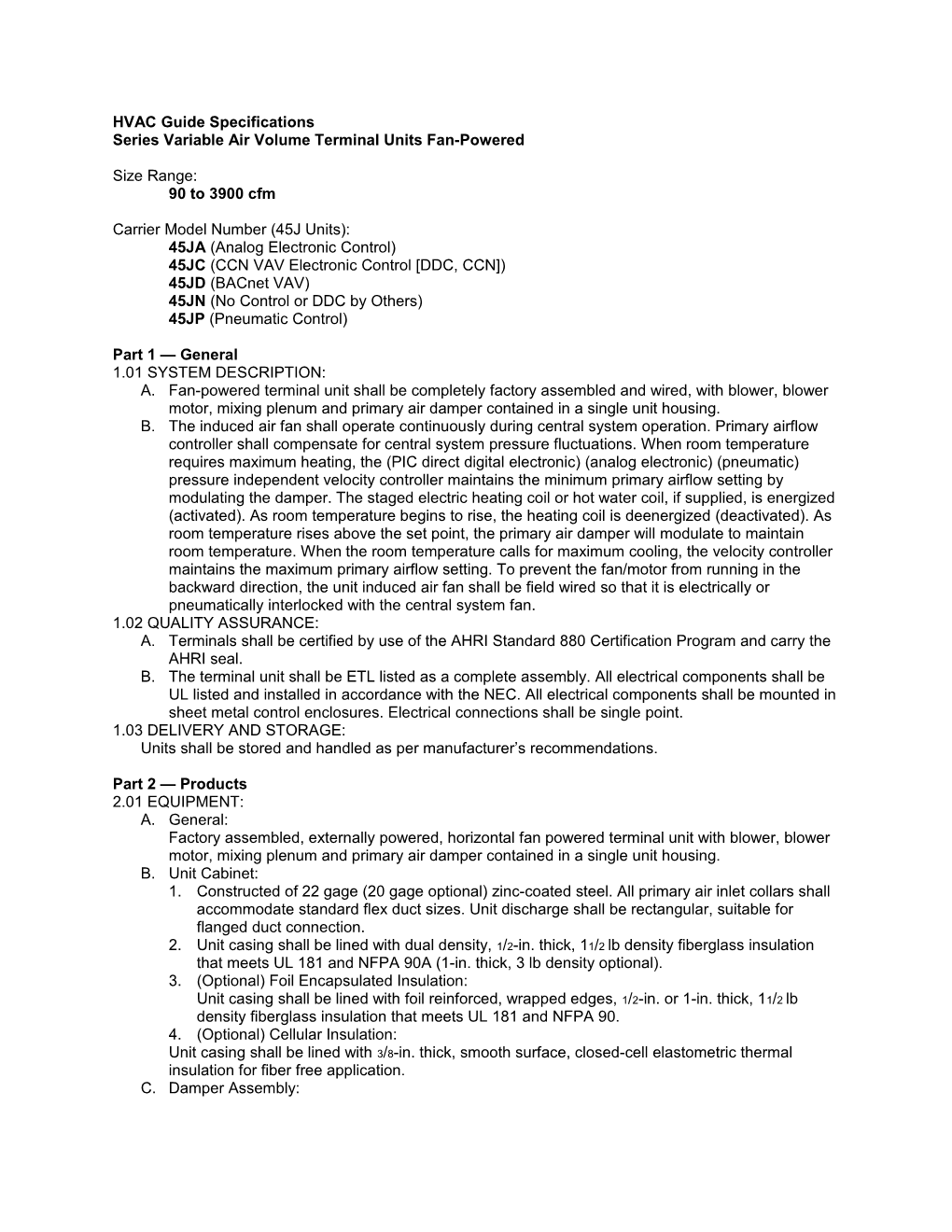 45JA,JC,JD,JN,JP Guide Specifications, 90 to 3900 Cfm