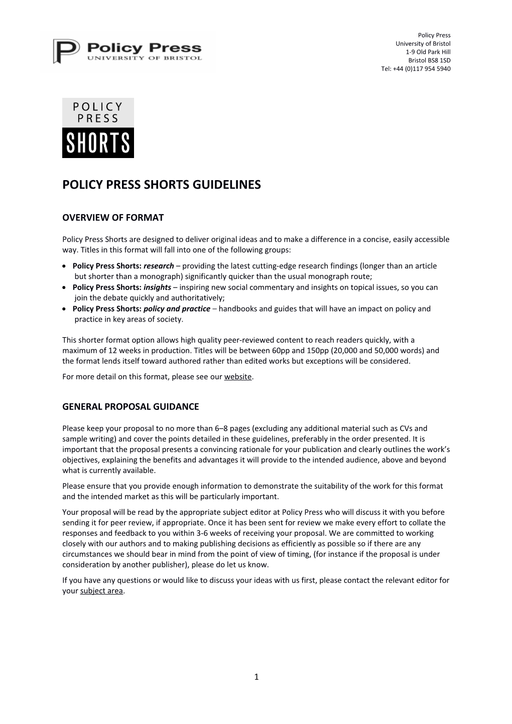 Policy Press Shorts Guidelines