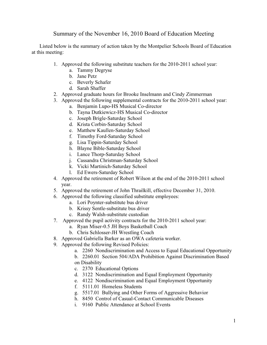 Summary of the July 12, 2005 Board of Education Meeting