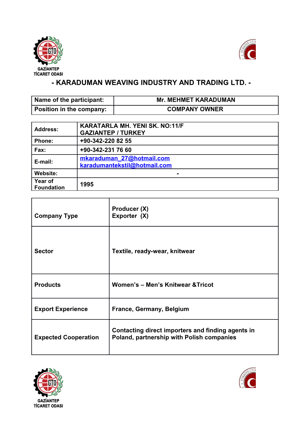 Karaduman Weaving Industry and Trading Ltd.