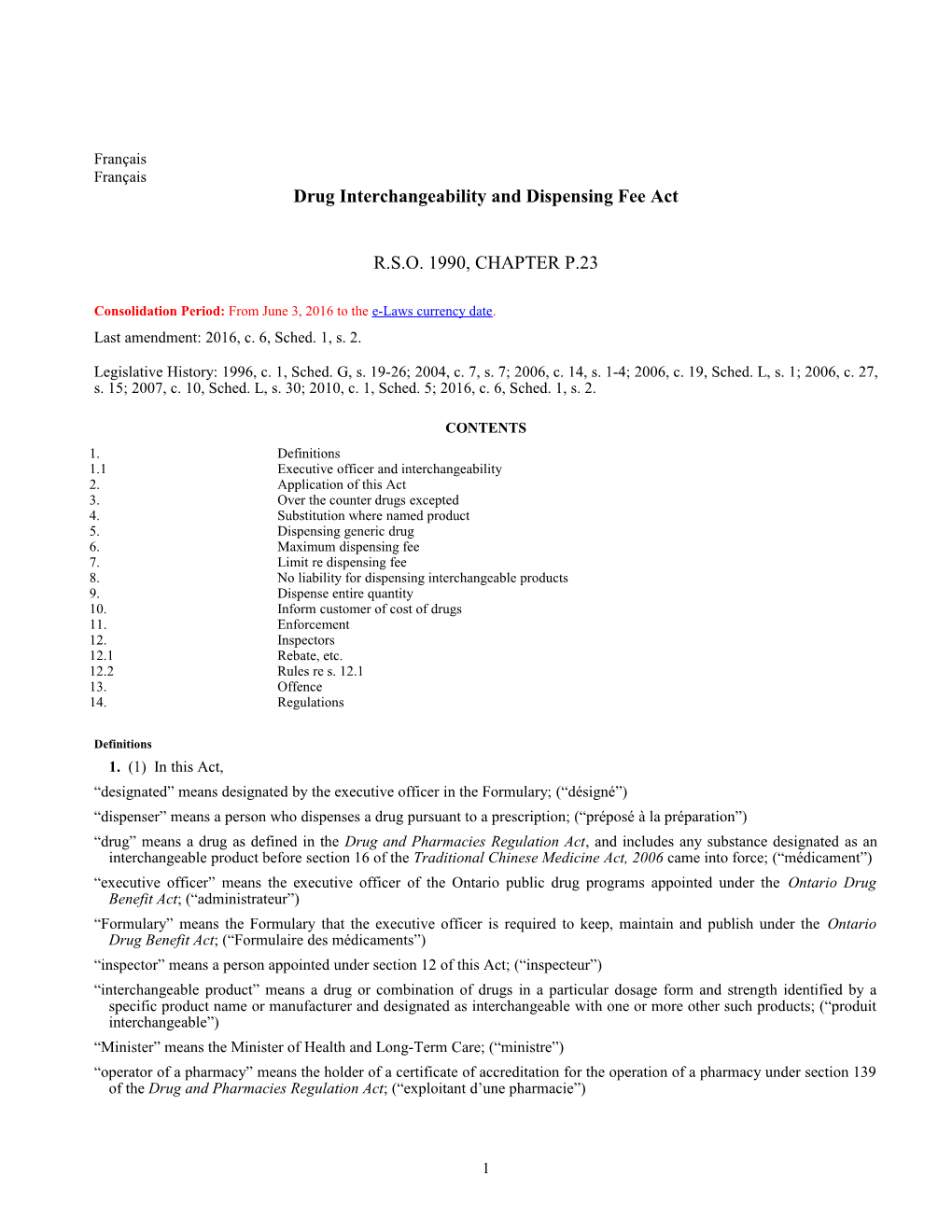 Drug Interchangeability and Dispensing Fee Act, R.S.O. 1990, C. P.23