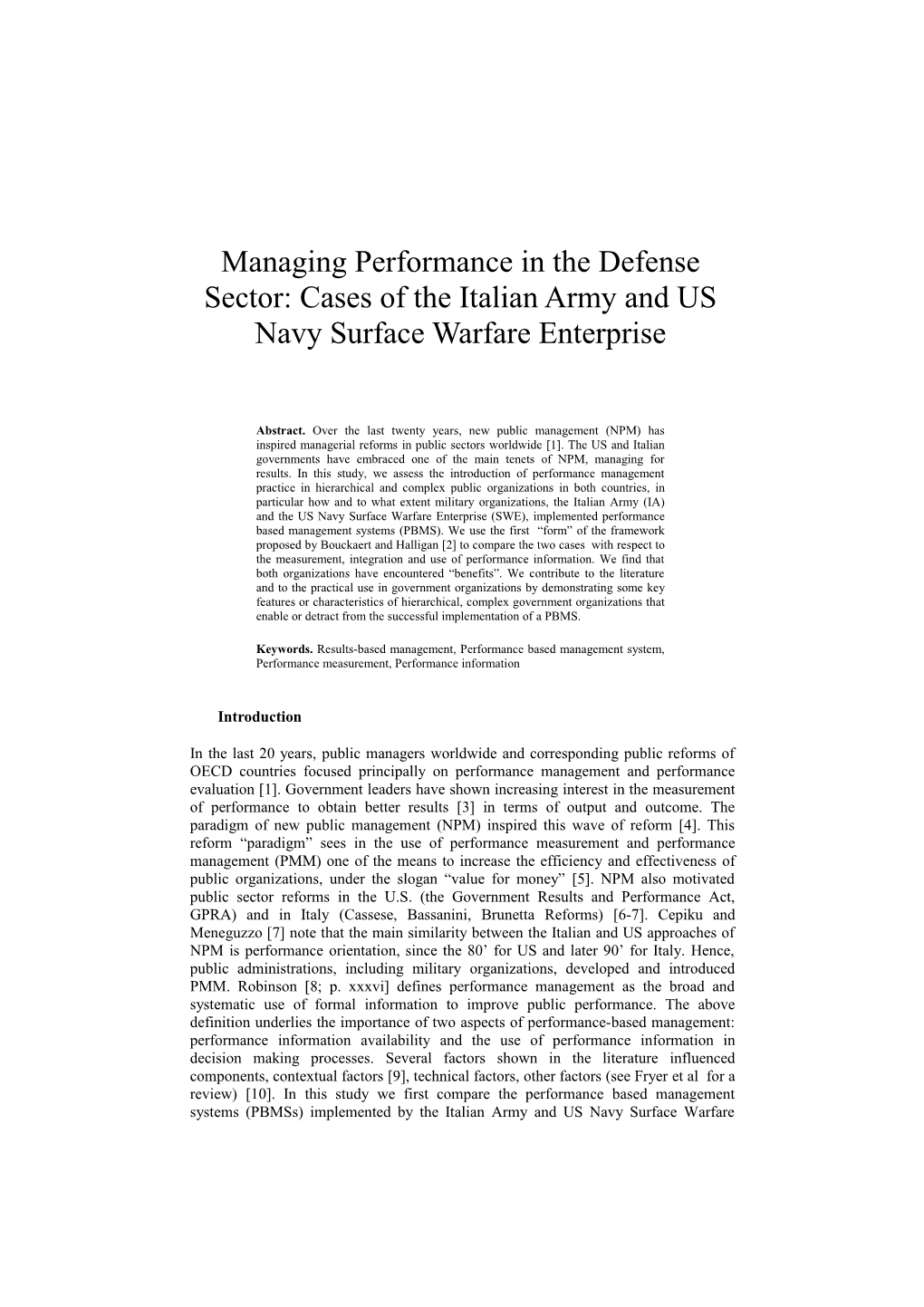 Managing Performance in the Defense Sector: Cases of the Italian Army and US Navy Surface