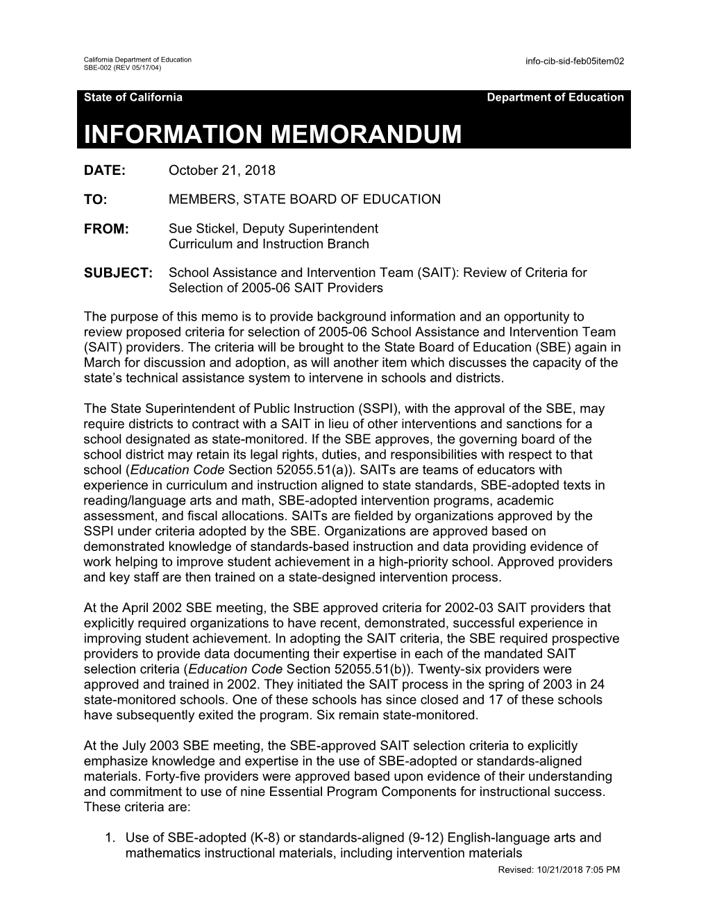 February 2005 SID Item 2 - Information Memorandum (CA State Board of Education)