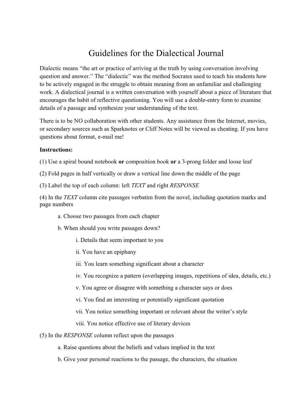 Guidelines for the Dialectical Journal