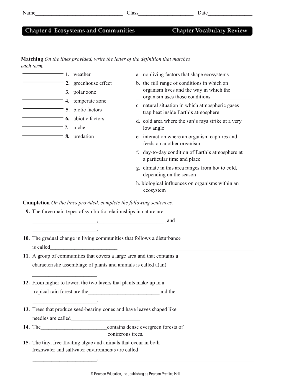 Matching on the Lines Provided, Write the Letter of the Definition That Matches Each Term