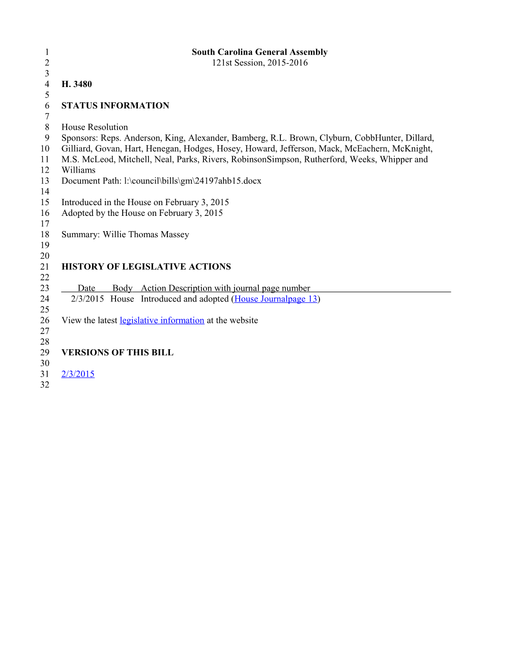 2015-2016 Bill 3480: Willie Thomas Massey - South Carolina Legislature Online