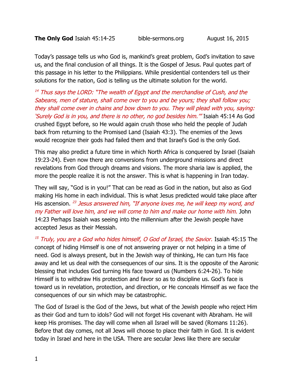 The Only God Isaiah 45:14-25 Bible-Sermons.Org August 16, 2015