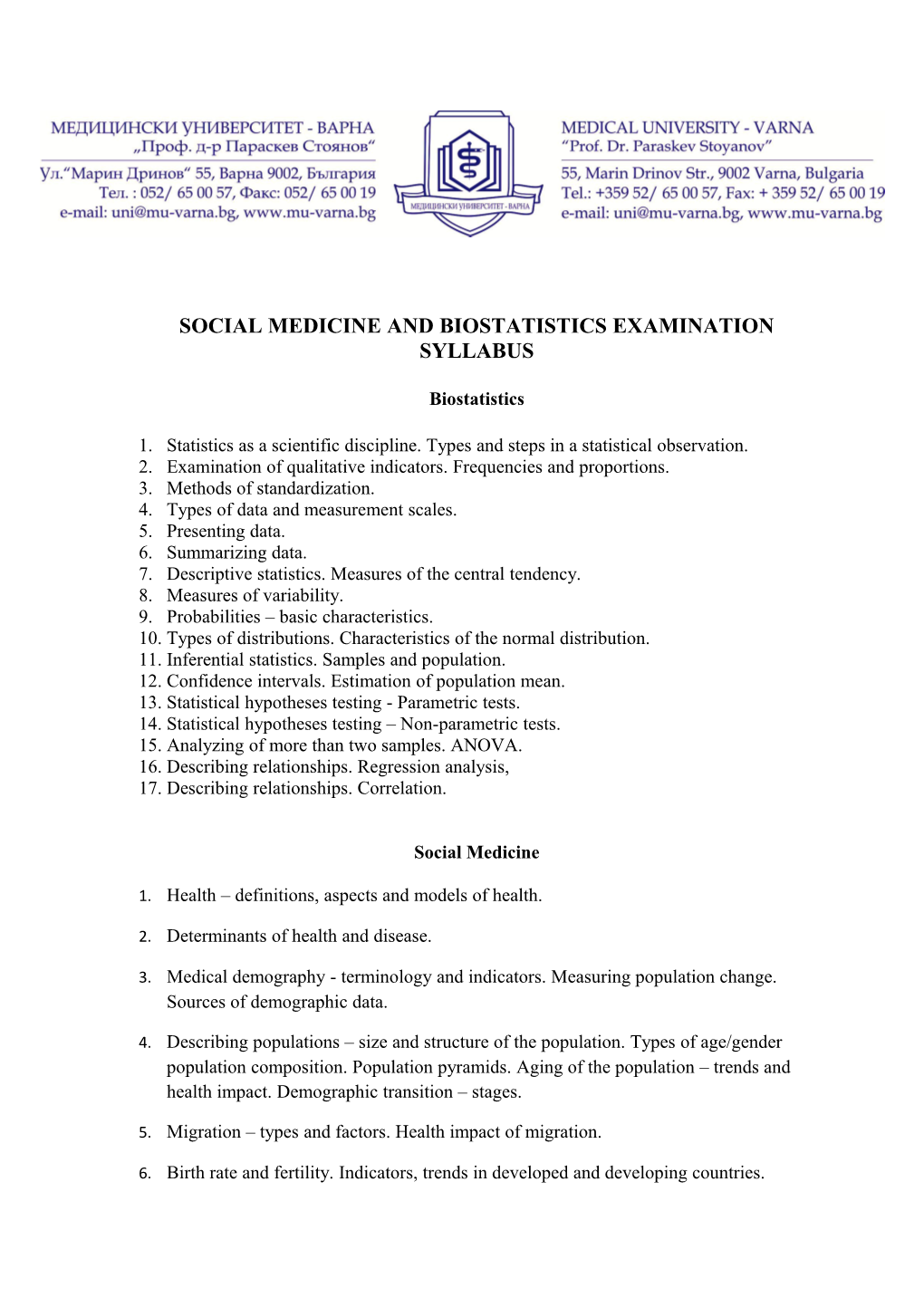 Social Medicine and Biostatistics Examination Syllabus