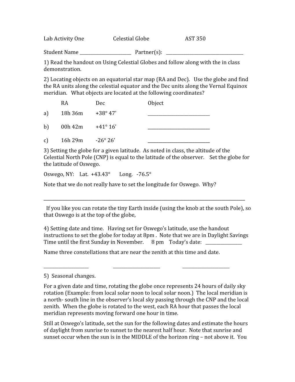 Lab Activity Onecelestial Globe AST 350