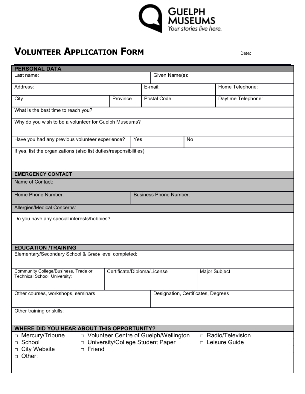 Pg. 2 Guelph Museums Volunteer Application Form