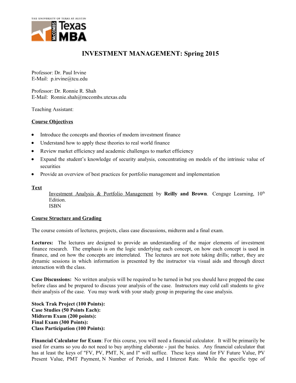 INVESTMENT MANAGEMENT: Spring 2015