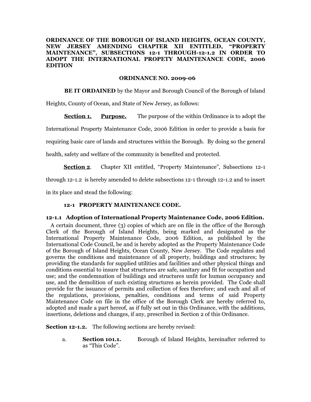 Ordinance of the Borough of Island Heights, Ocean County, New Jersey Amending Chapter Xii
