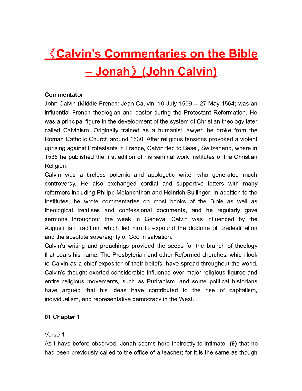 Calvin Scommentaries on the Bible Jonah (John Calvin)