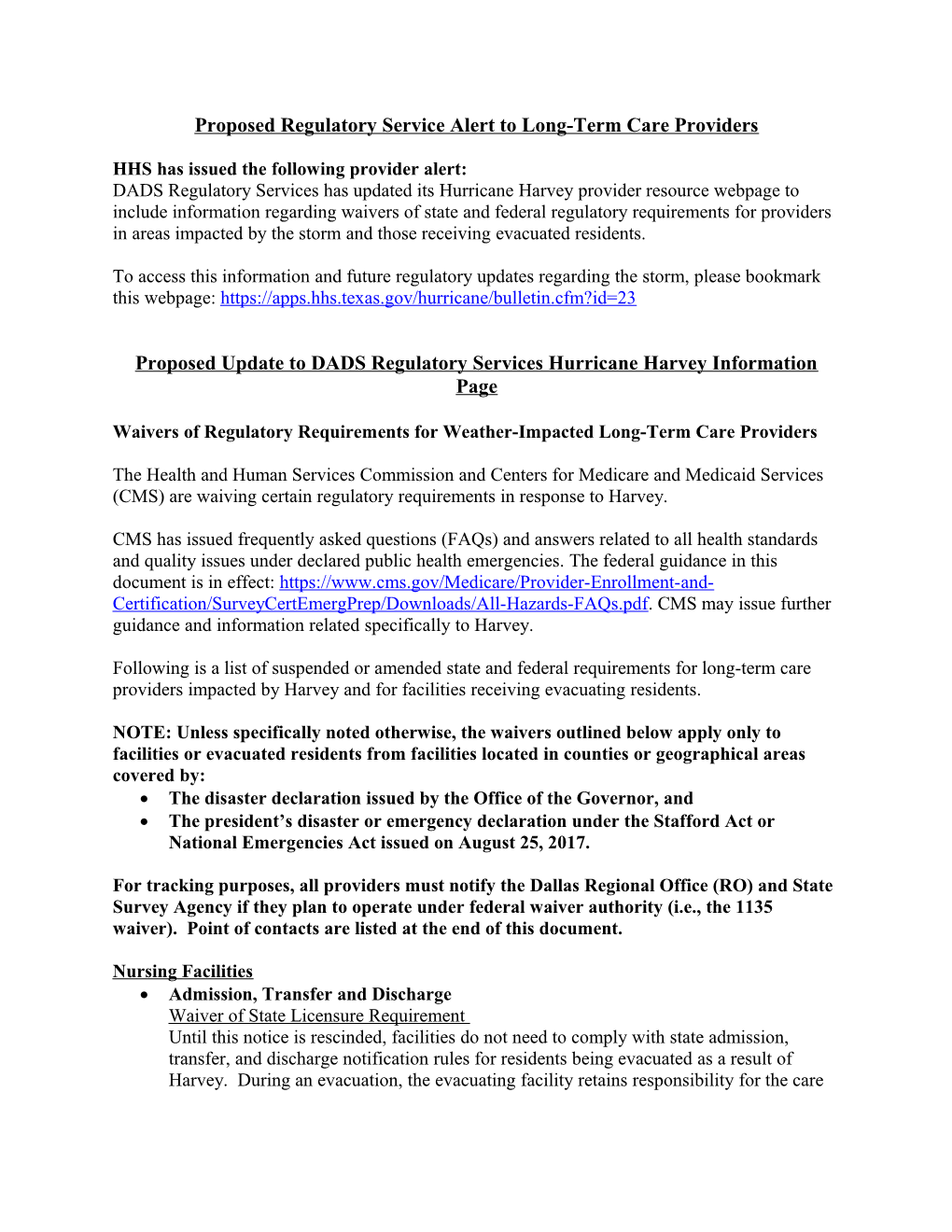 Proposed Regulatory Service Alert to Long-Term Care Providers