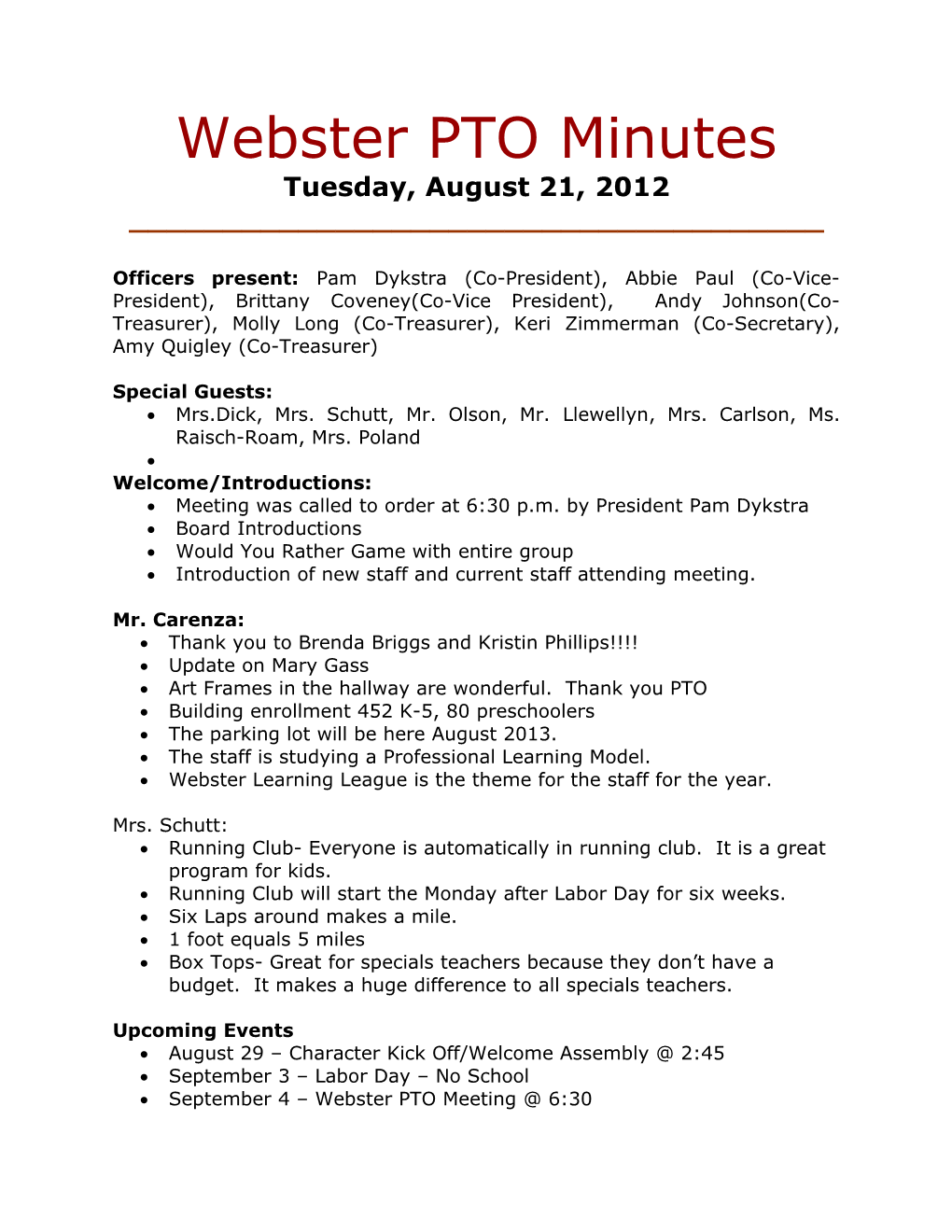 Webster PTO Minutes