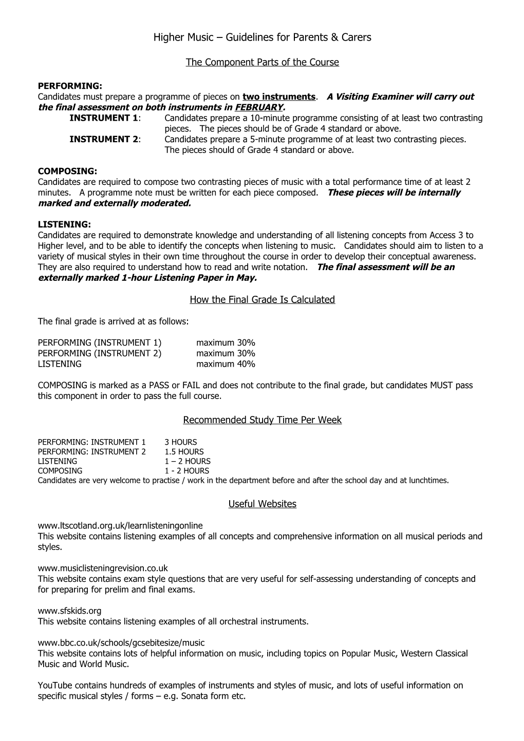 Higher Music Guidelines for Parents & Carers