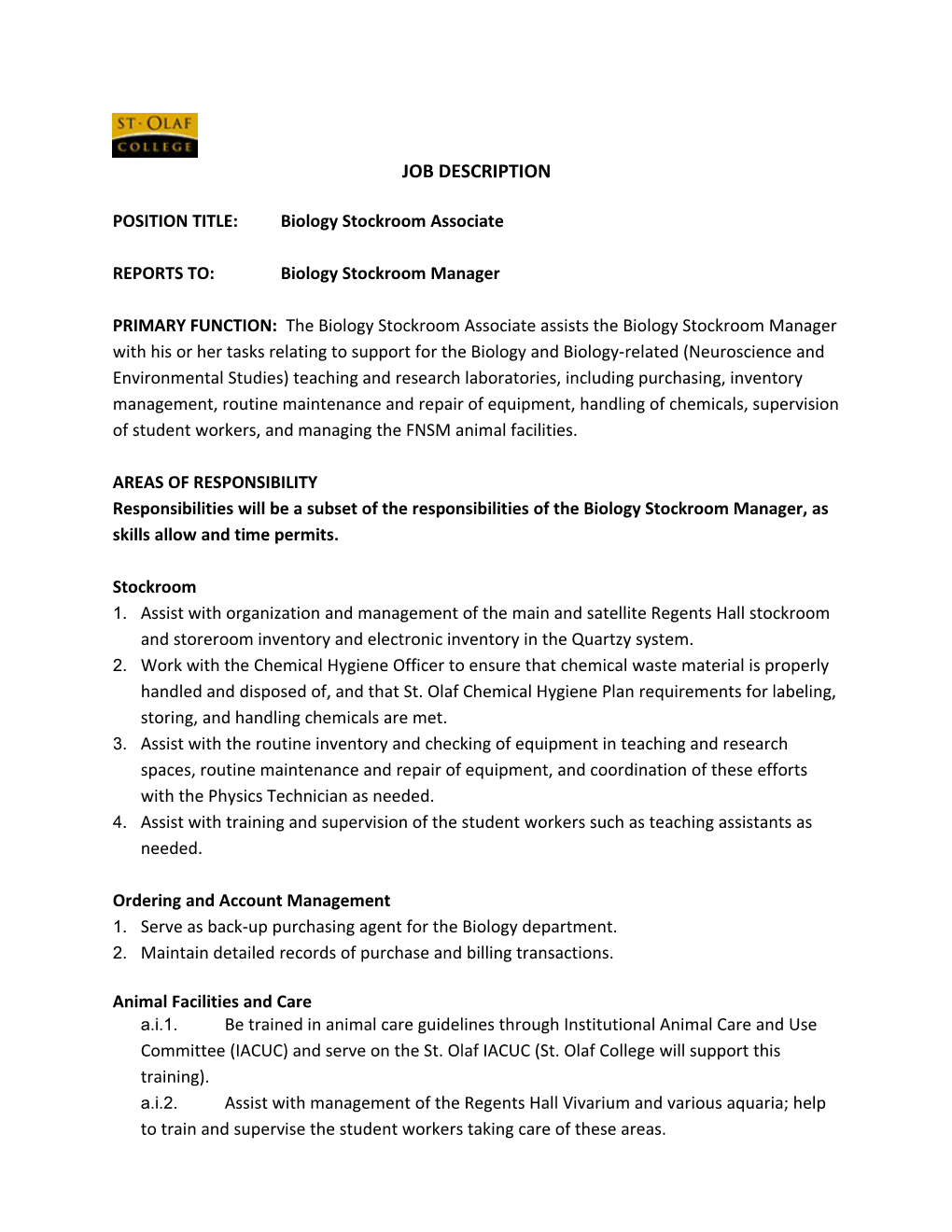 FINAL Job Description Stockroom Manager - Biology