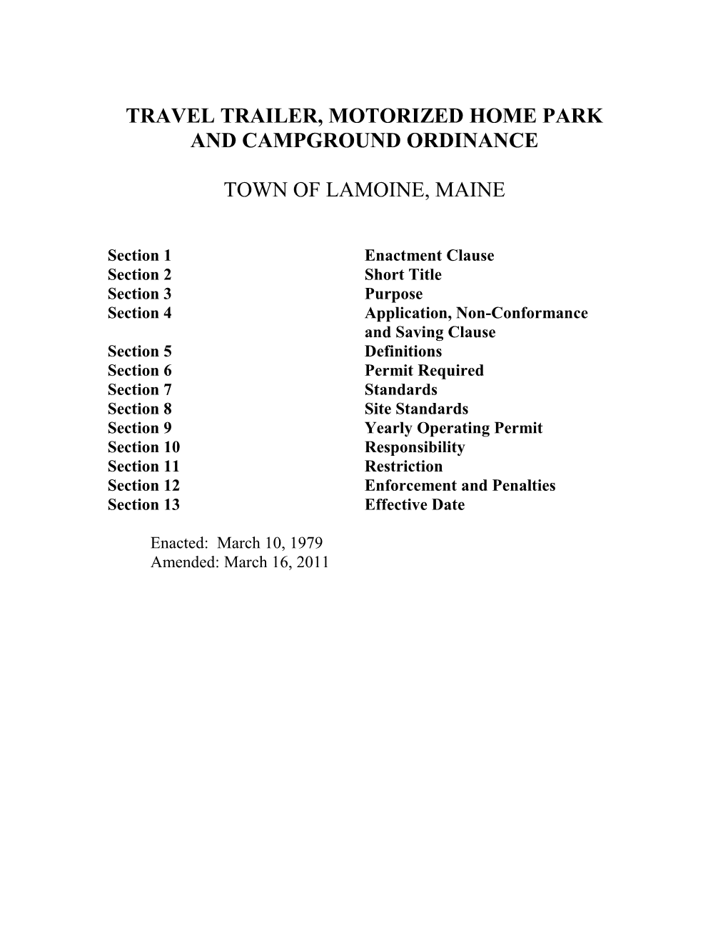 Travel Trailer, Motorized Home Park and Campground Ordinance