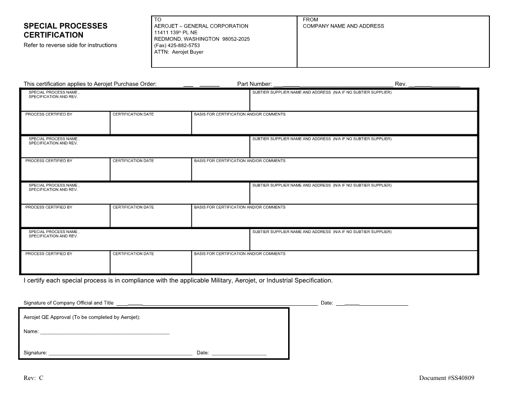 This Certification Applies to Aerojet Purchase Order: Part Number: ______Rev. ______