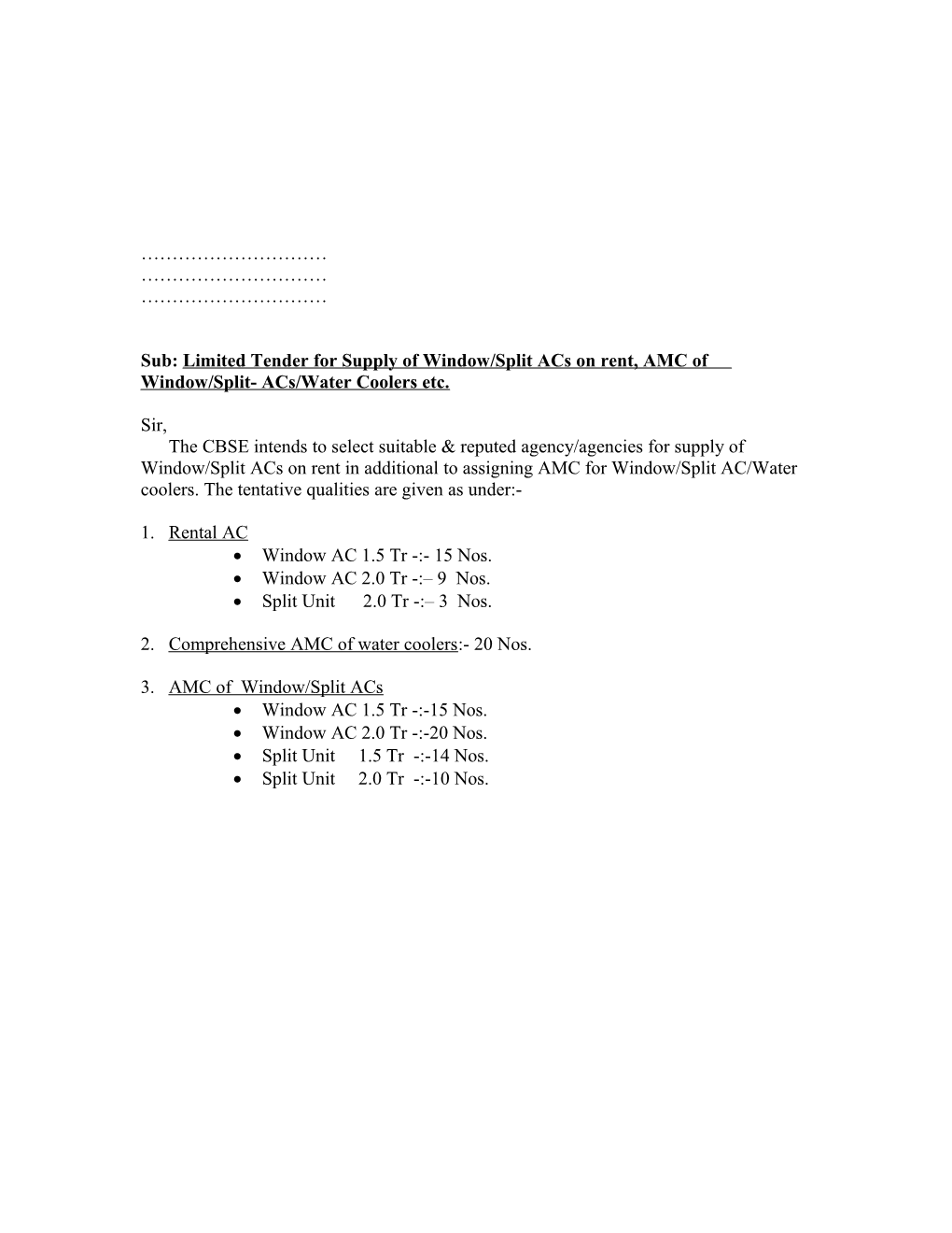 Sub:Limited Tender for Supply of Window/Split Acs on Rent, AMC of Window/Split- Acs/Water