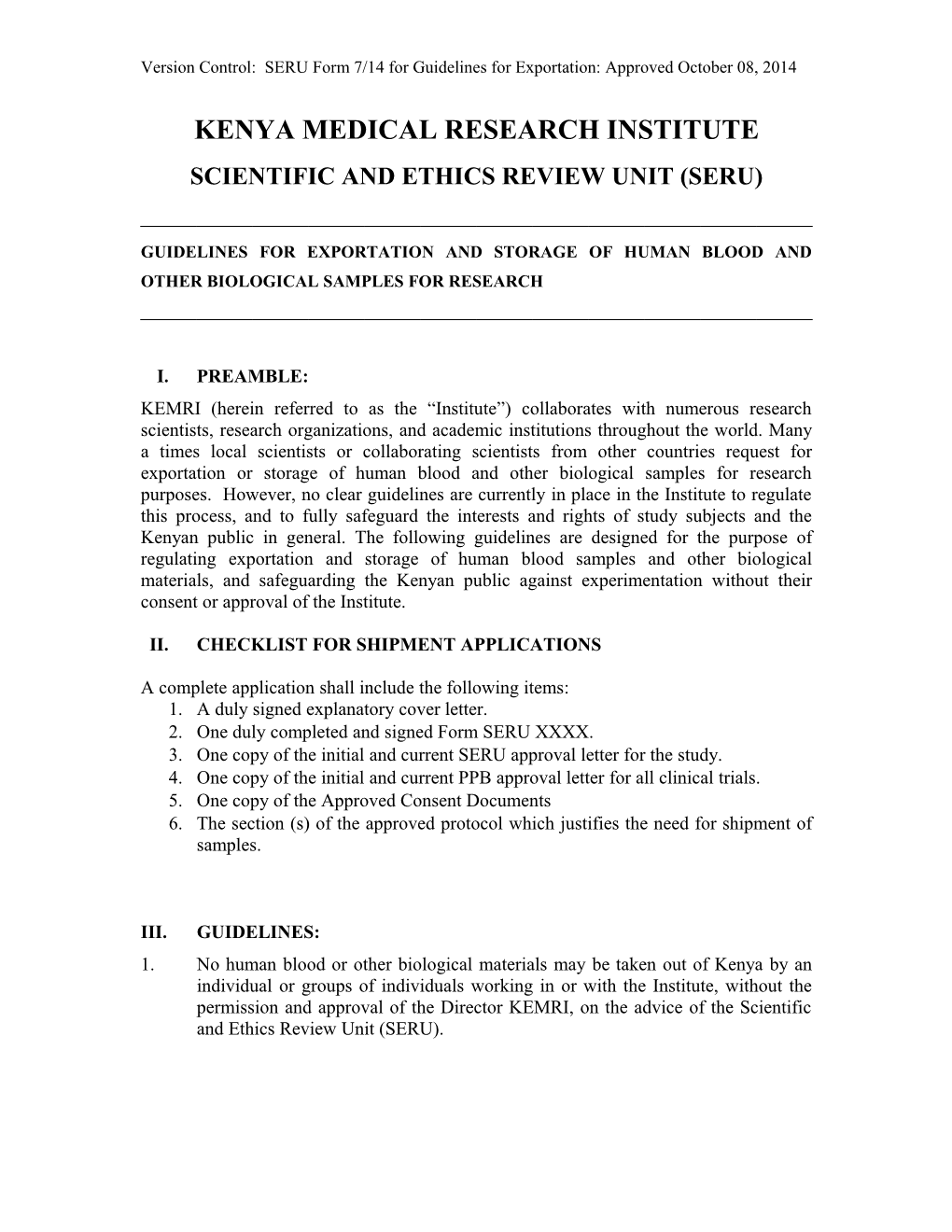 Kemri Ssc Guidelines for the Exportation of Human Blood and Other Biological Samples Out