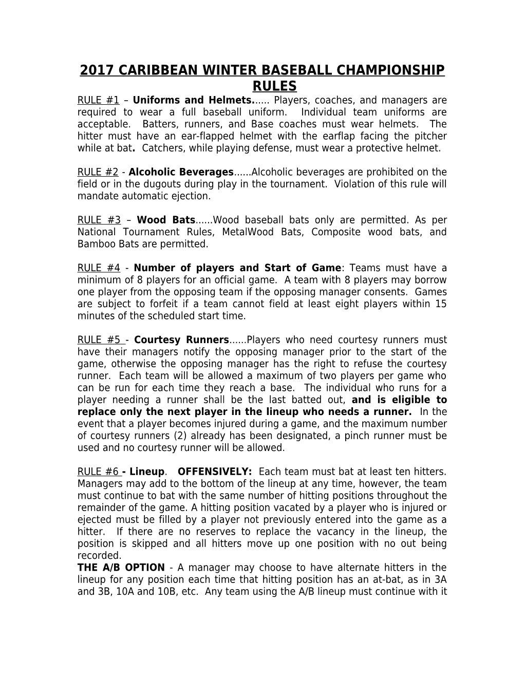 2010 Caribbean Winter Baseball Championship Rules