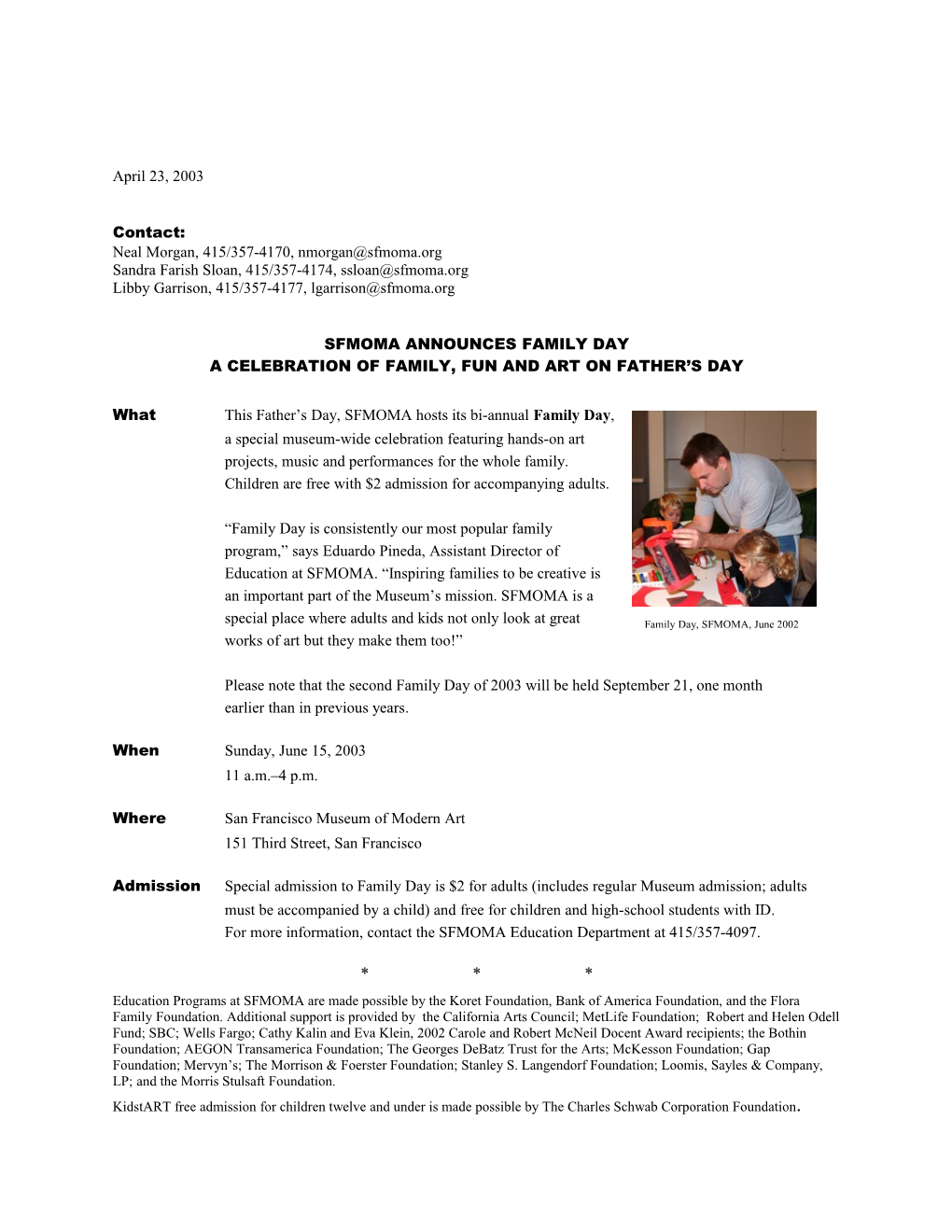 SFMOMA Press Room Press Release: Family Day, June 15, 2003