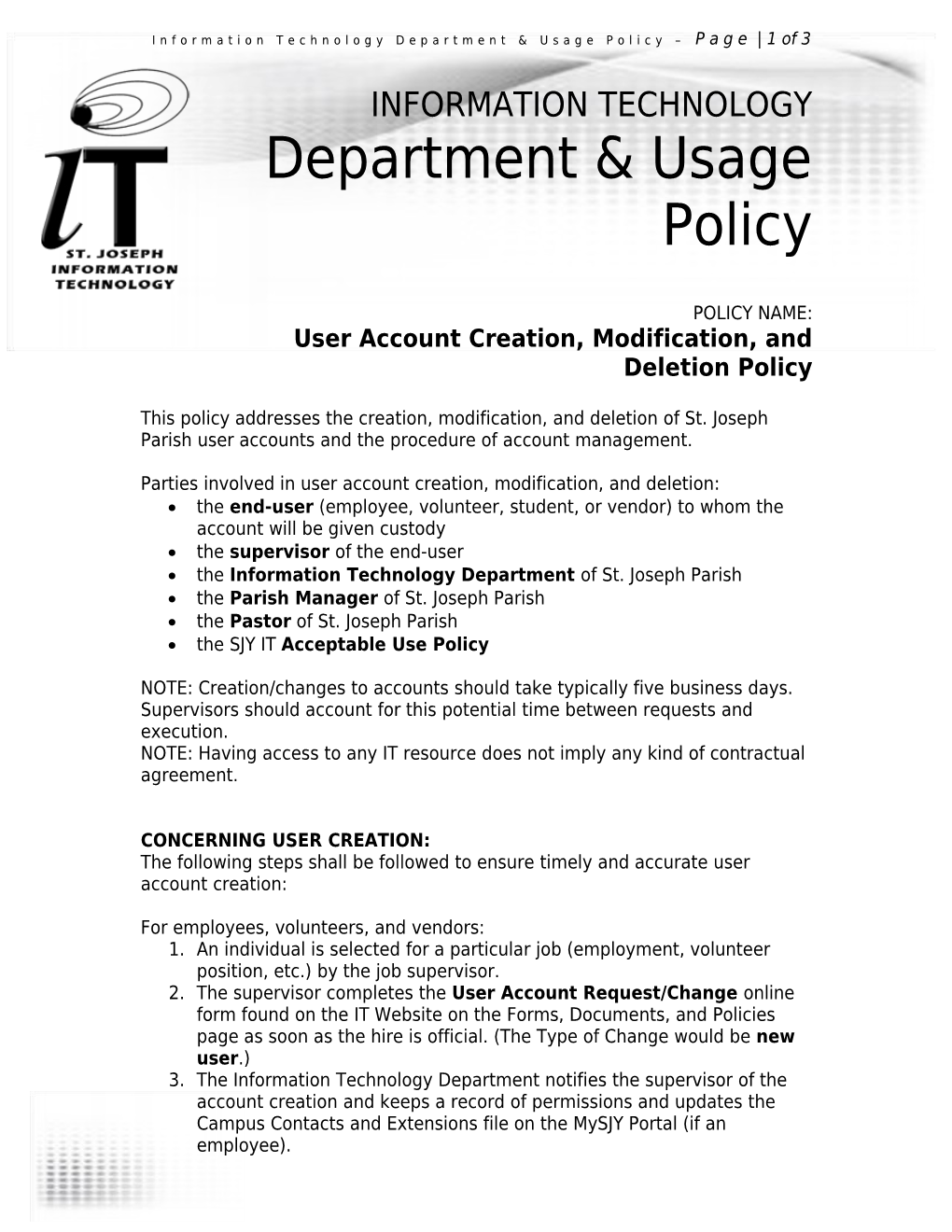 IT POLICY: User Account Creation, Modification, and Deletion Policy