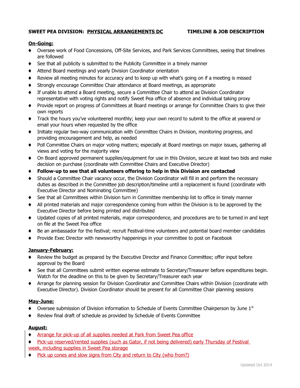 Sweet Pea Division: Physical Arrangements Time Line & Job Description