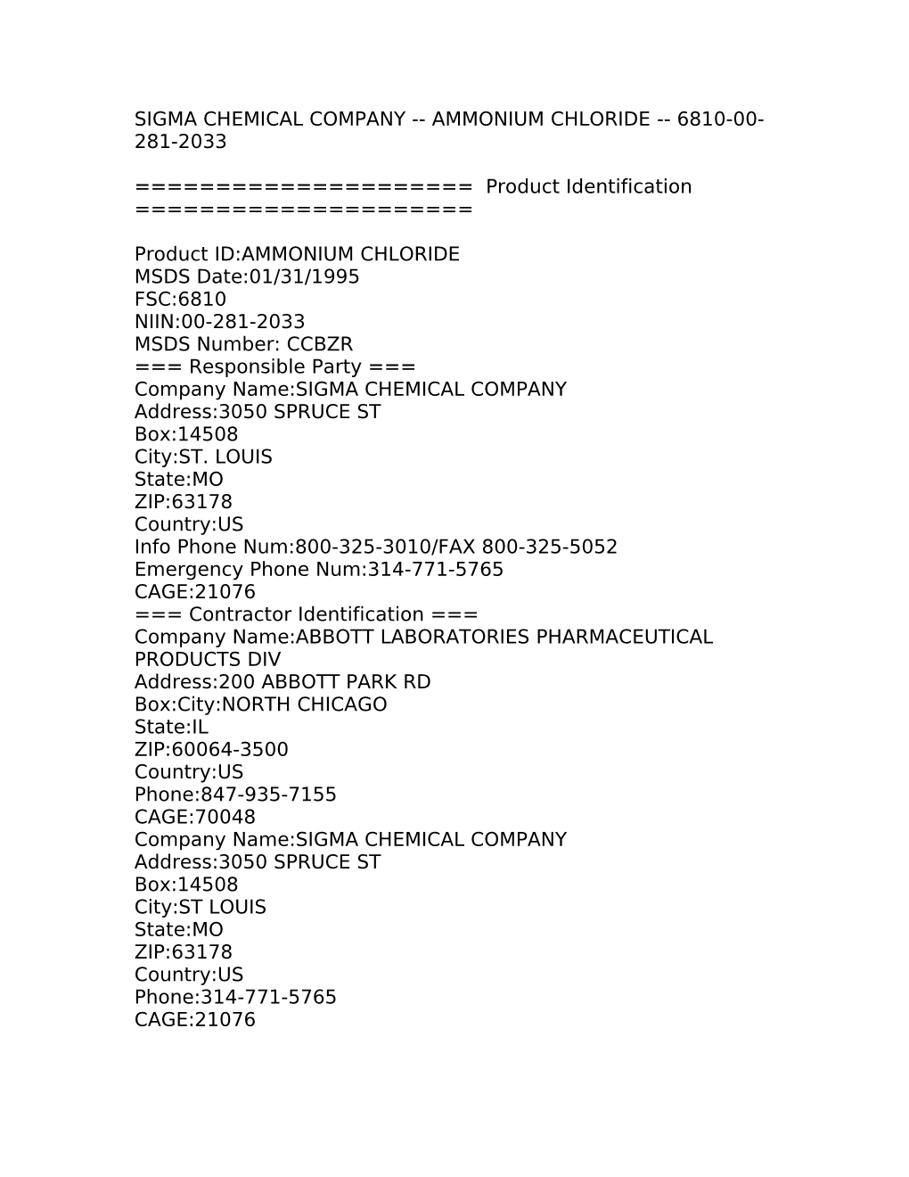 Sigma Chemical Company Ammonium Chloride 6810-00-281-2033