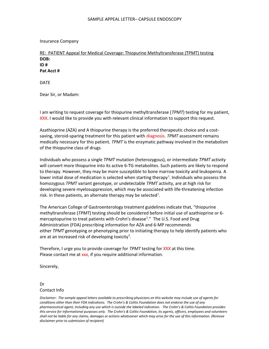 RE: PATIENT Appeal for Medical Coverage: Thiopurine Methyltransferase (TPMT) Testing