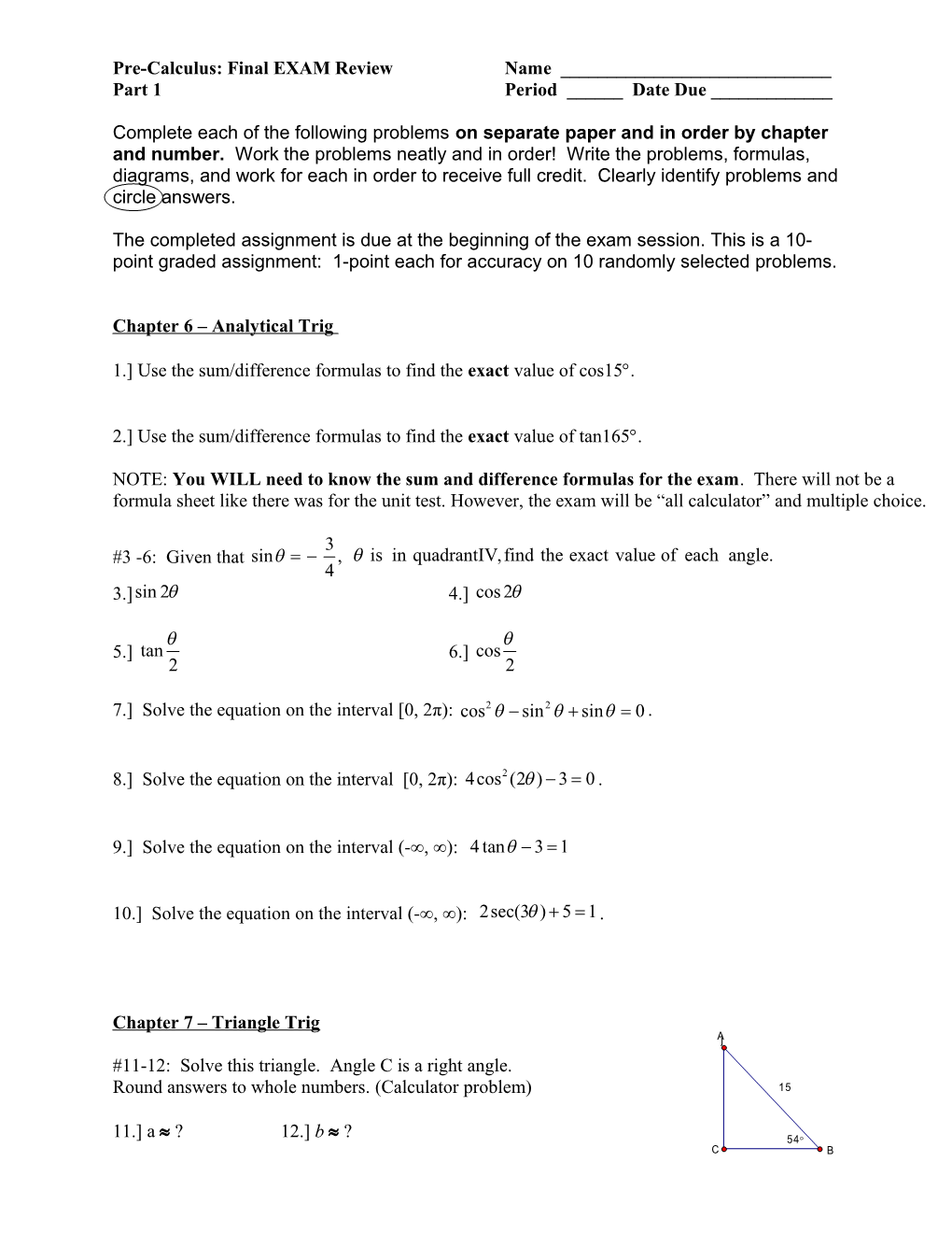 PRECALCULUS: Final EXAM Review