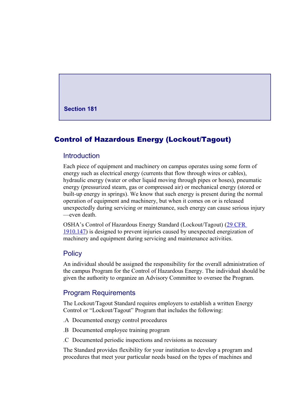 Control of Hazardous Energy (Lockout/Tagout)