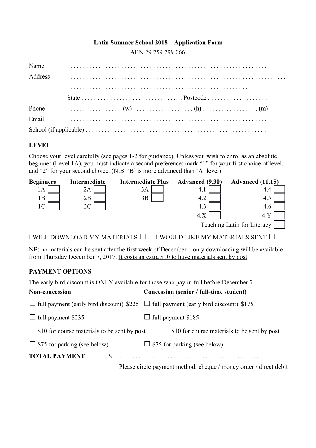 Latin Summer School 2018 Application Form