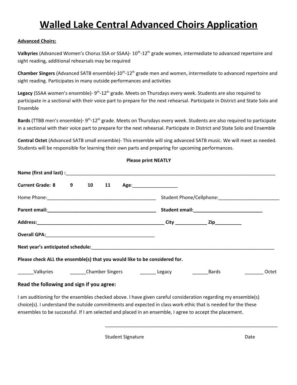 Walled Lake Central Advanced Choirs Application