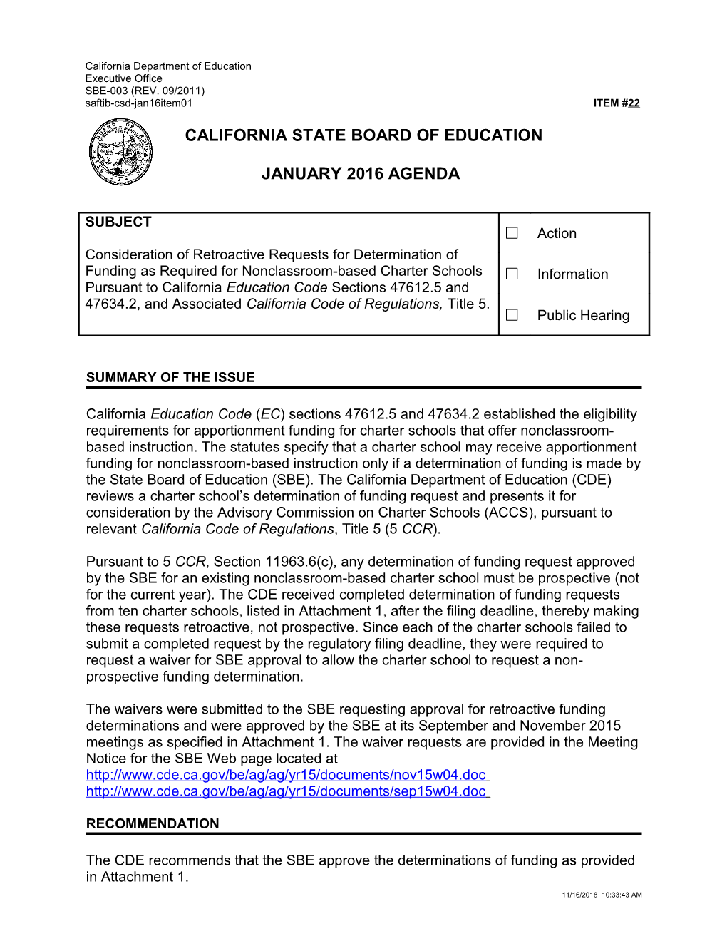 January 2016 Agenda Item 22 - Meeting Agendas (CA State Board of Education)