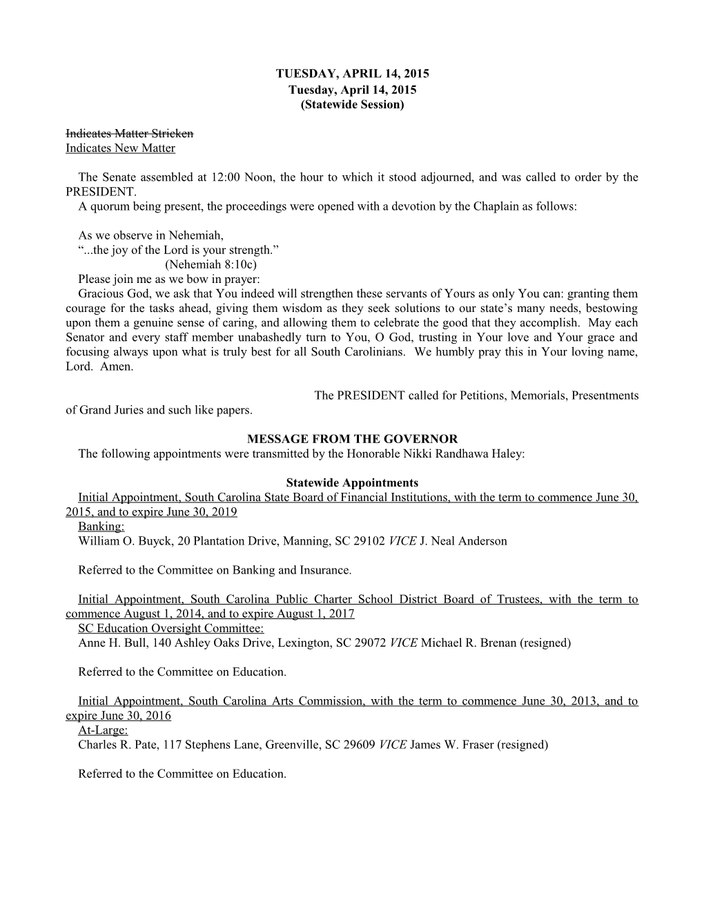 Senate Journal for 4/14/2015 - South Carolina Legislature Online