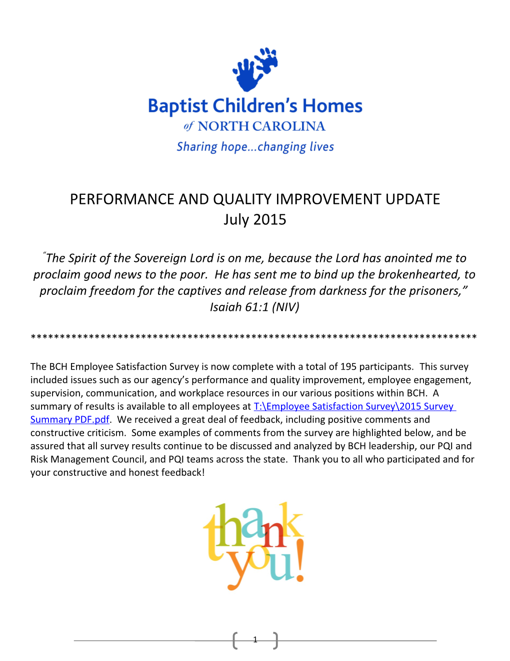 Performance and Quality Improvement Update