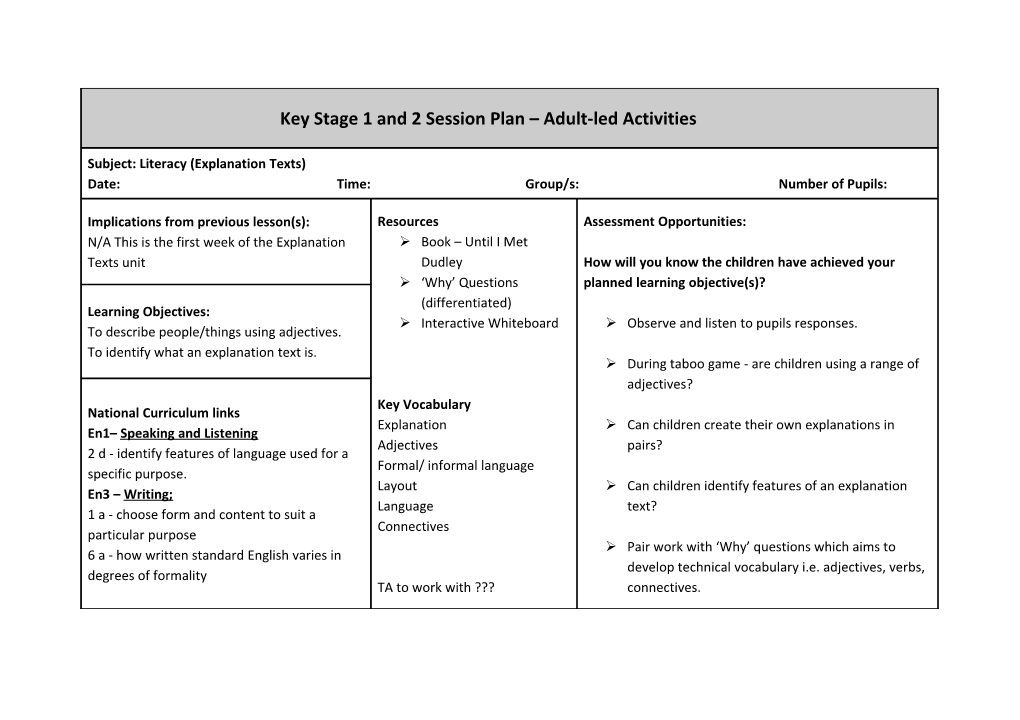 Key Stage 1 and 2 Session Plan Adult-Led Activities