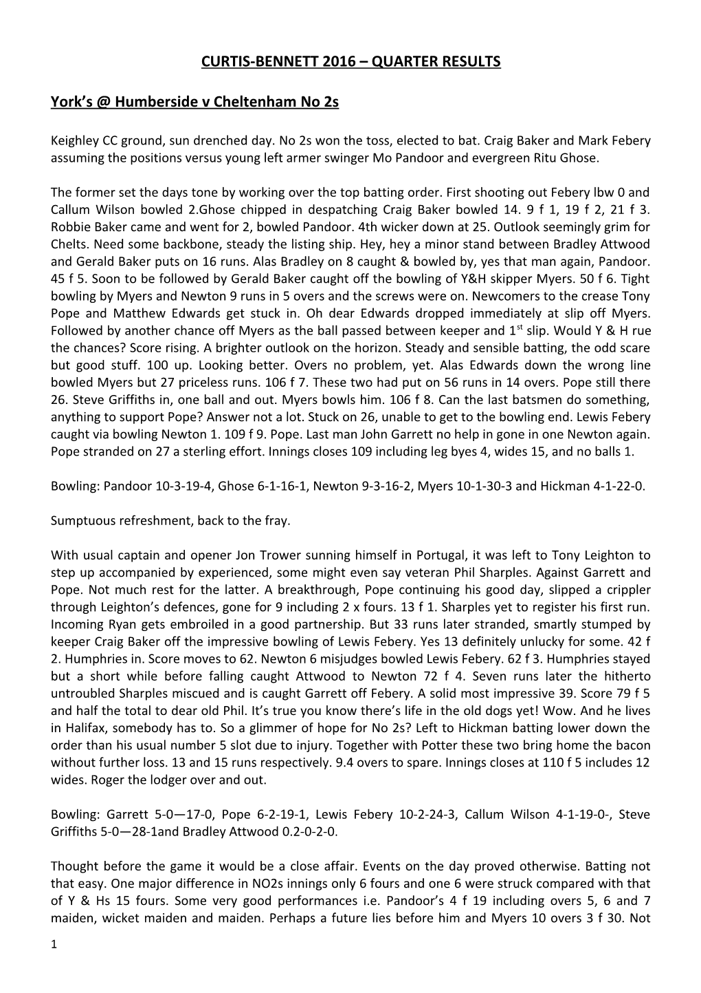 Curtis-Bennett 2016 Quarter Results