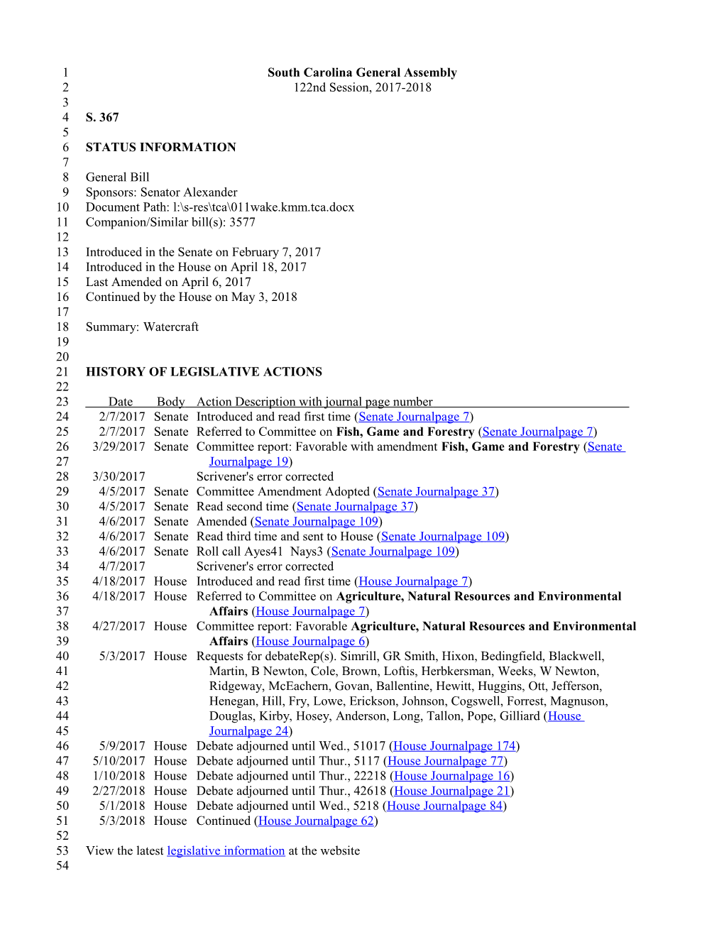 2017-2018 Bill 367: Watercraft - South Carolina Legislature Online