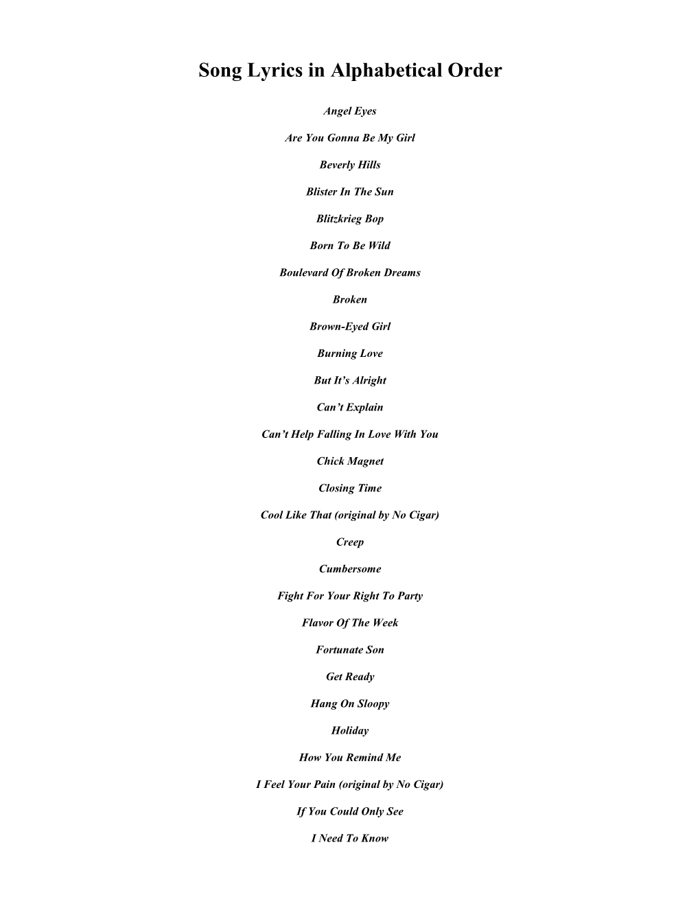 Song Lyrics in Alphabetical Order